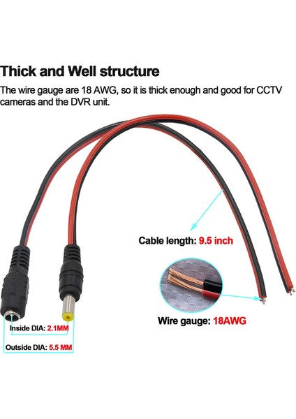 10 Çift Dc Güç Pigtail Kablo Teli, 12V 5A Erkek ve Dişi Konnektörler (Yurt Dışından)