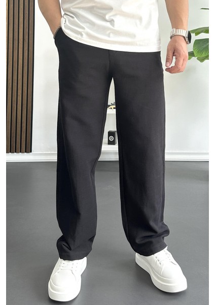 Erkek Beli Düğmeli Baggy Kalıp Pileli Pantolon Siyah EDW357