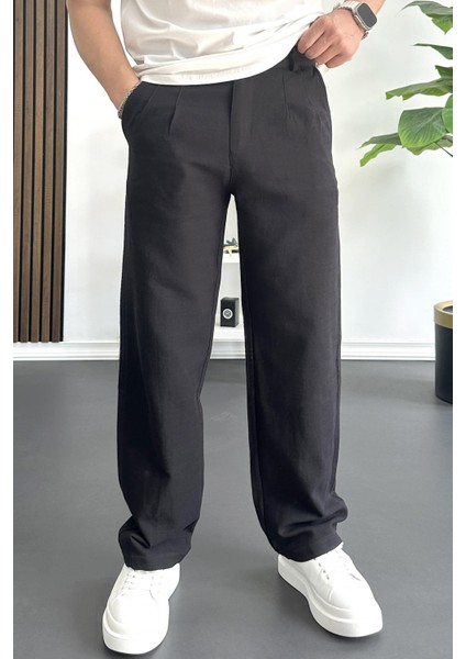 Erkek Beli Düğmeli Baggy Kalıp Pileli Pantolon Siyah EDW357 fiyatları