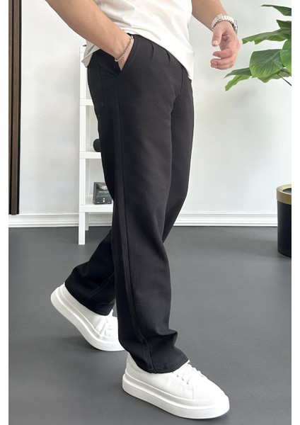 Erkek Beli Düğmeli Baggy Kalıp Pileli Pantolon Siyah EDW357 modelleri