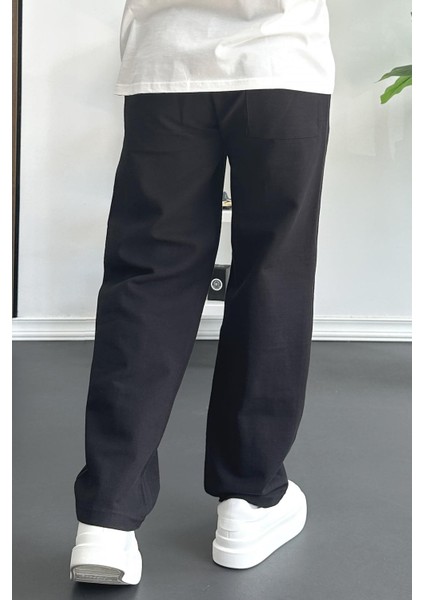 Erkek Beli Düğmeli Baggy Kalıp Pileli Pantolon Siyah EDW357 fırsatları