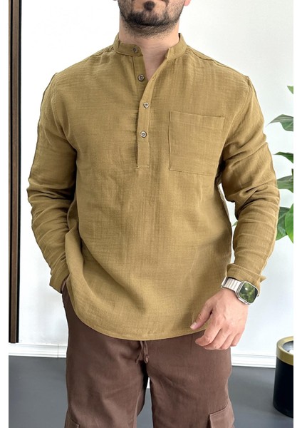 Erkek Hakim Yaka Yarım Patlı Cepli Gömlek Hardal EDW361