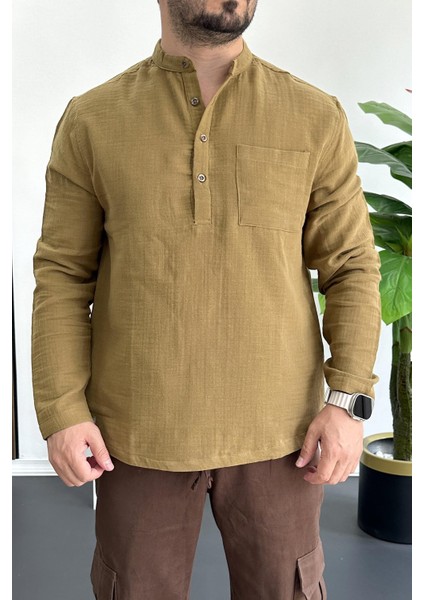 Erkek Hakim Yaka Yarım Patlı Cepli Gömlek Hardal EDW361 fiyatları