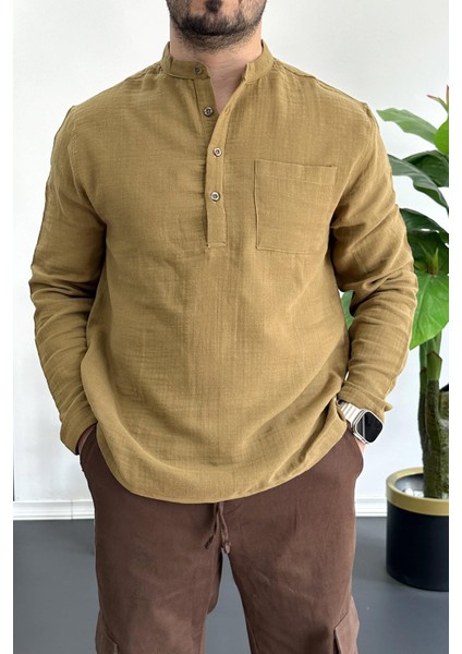 Erkek Hakim Yaka Yarım Patlı Cepli Gömlek Hardal EDW361 modelleri