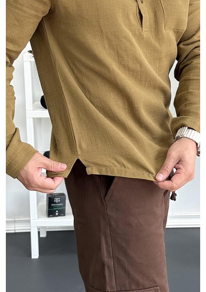 Erkek Hakim Yaka Yarım Patlı Cepli Gömlek Hardal EDW361 fırsatları