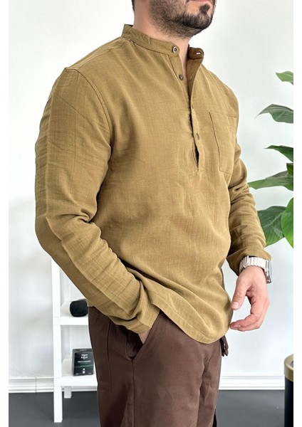 Erkek Hakim Yaka Yarım Patlı Cepli Gömlek Hardal EDW361 indirimleri