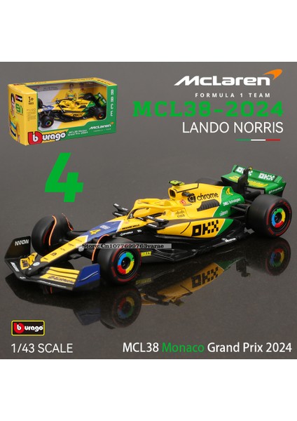 Bburago 1:43 2024 F1 Mclaren MCL38 Monaco Grand Prix F1 Alaşım Minyatür Döküm Model # 4 # 81'in Lando Norris'i F1 Araba Oyuncakları Hediye (Yurt Dışından)