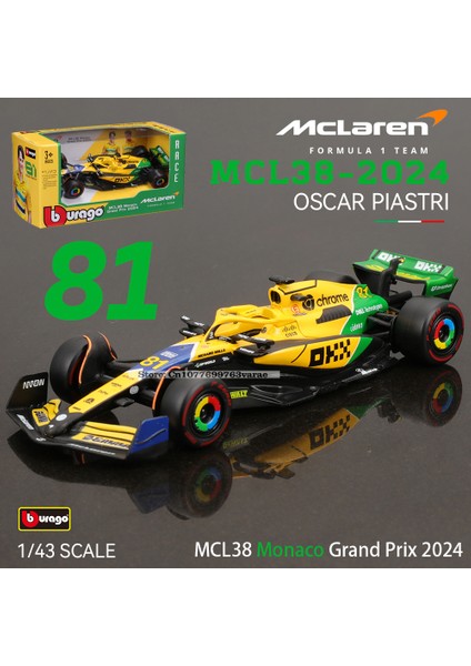 Bburago 1:43 2024 F1 Mclaren MCL38 Monaco Grand Prix F1 Alaşım Minyatür Döküm Model # 4 # 81'in Lando Norris'i F1 Araba Oyuncakları Hediye (Yurt Dışından)