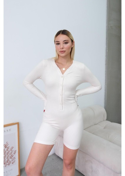 Uzun Kollu Soft Düğmeli Kısa Tulum Romper Bej