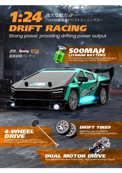 Rc Drift Araba 1:24 20 Km/h 4WD Yüksek Hızlı Uzaktan Kumanda Araba Lastik ve Sürüklenme Iki Tip Lastikler Simüle Yarış Arabaları Çocuklar Için (Yurt Dışından)