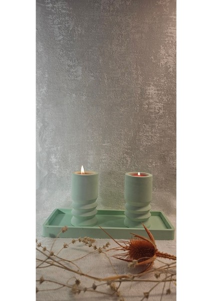 Luxury Laurel-Wood Beton 3 Parça Tealight Mumluk-Büyük Boy Sunum Tepsisi Seti(Yeşil) 1 Adet