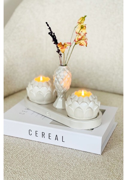 Luxury Dekoratif Tealight Lotus Çiçeği Beton Mumluk Sunum Tepsisi Mini Vazo Özel Tasarım 4'lü Aksesuar Seti 1 Adet