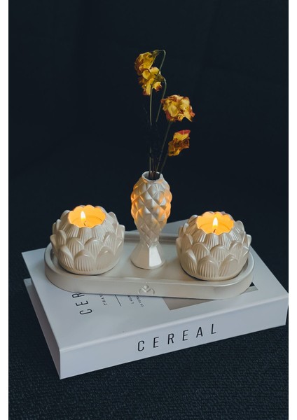 Luxury Dekoratif Tealight Lotus Çiçeği Beton Mumluk Sunum Tepsisi Mini Vazo Özel Tasarım 4'lü Aksesuar Seti 1 Adet