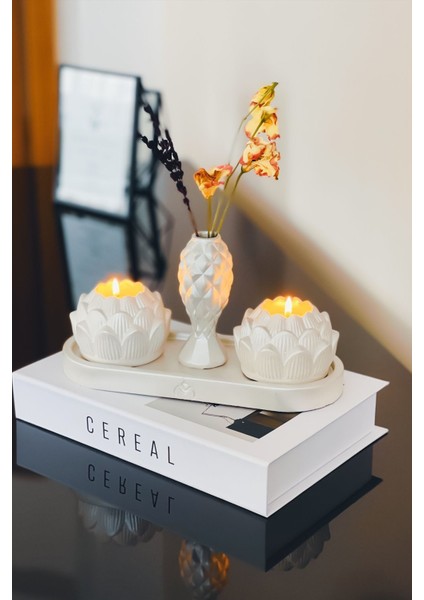 Luxury Dekoratif Tealight Lotus Çiçeği Beton Mumluk Sunum Tepsisi Mini Vazo Özel Tasarım 4'lü Aksesuar Seti 1 Adet