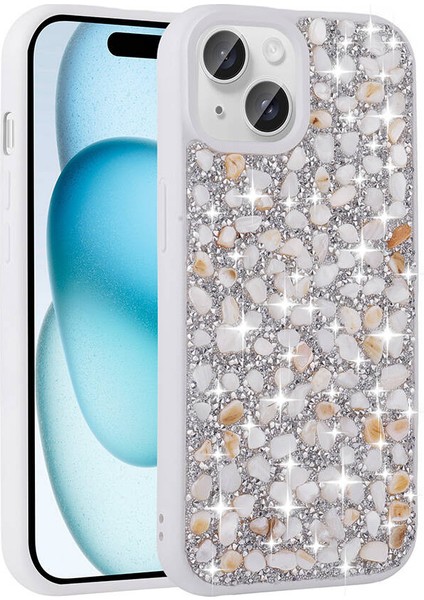 Apple iPhone 15 Kılıf Parlak Taşlı Tasarım Klcr Linea Kapak-Beyaz