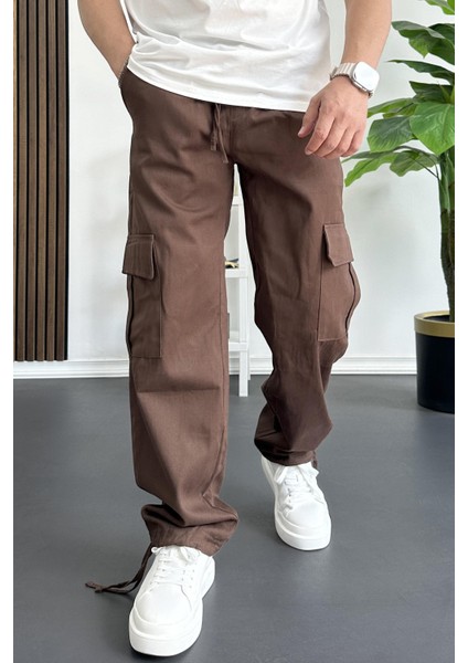 Erkek Kargo Cepli Paçası Ayarlanabilir Baggy Pantolon Kahverengi EDW355