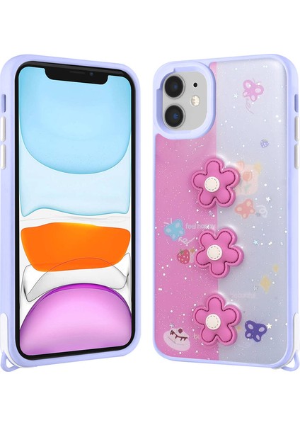Apple iPhone 11 Kılıf Parlayan Sıvılı Simli Kabartma Figürlü Klcr Cevze Kapak-Mor Papatya