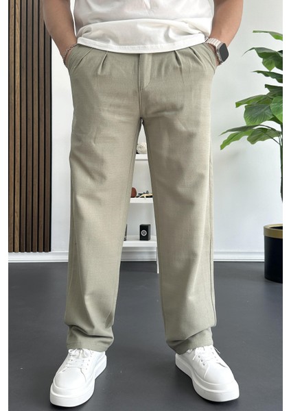 Erkek Beli Düğmeli Baggy Kalıp Pileli Pantolon Yeşil EDW357