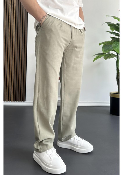 Erkek Beli Düğmeli Baggy Kalıp Pileli Pantolon Yeşil EDW357 modelleri