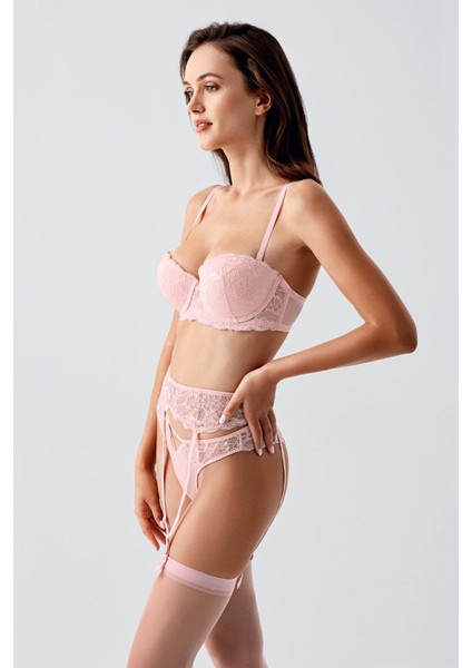 Push Up Dantelli Jartiyerli ve Çoraplı Ip Askılı Sütyen Takımı C14169 Pudra