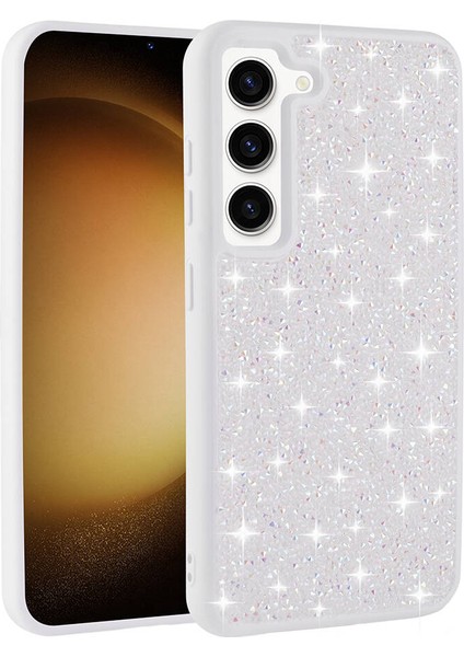 Galaxy S23 Kılıf Parlak Taşlı Tasarım Klcr Pırlanta Kapak-Beyaz
