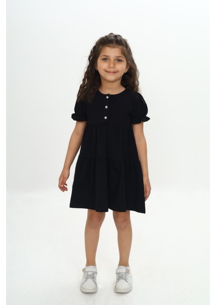 Kız Çocuk Önü Düğmeli Fırfırlı Elbise