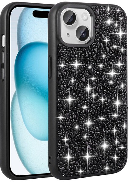 Apple iPhone 15 Plus Kılıf Parlak Taşlı Tasarım Klcr Linea Kapak-Siyah