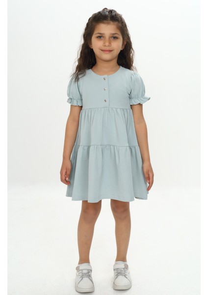 Kız Çocuk Önü Düğmeli Fırfırlı Elbise