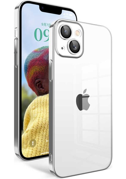 Apple iPhone 14 Kılıf Kamera Korumalı Renkli Çerçeveli Klcr Garaj Kapak-Gümüş