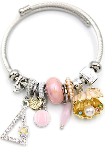 Çelik Charmlı Incili Deniz Kabuğu Bilezik - Pembe