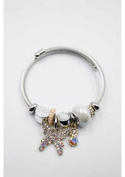 Çelik Charmlı Kelebek Bileklik - Beyaz