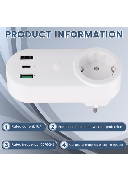 Akıllı Soket Wifi Fişi 16A 2 Delikli Usb+Tip-C Ab Fişi (Yurt Dışından)