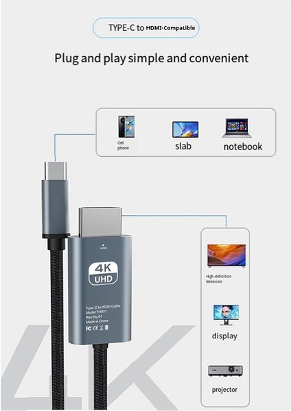 Type C - HDMI Uyumlu Projeksiyon Kablosu 4K 60HZ Kablo Adaptörü (Yurt Dışından)