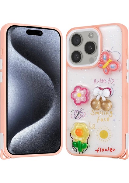 Apple iPhone 15 Pro Kılıf Parlayan Sıvılı Simli Kabartma Figürlü Klcr Cevze Kapak-Pembe