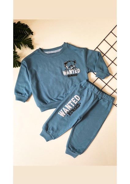 Indigo Mavisi Ayıcık Desenli Erkek Bebek 2'li Takım