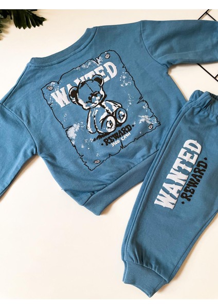 Indigo Mavisi Ayıcık Desenli Erkek Bebek 2'li Takım