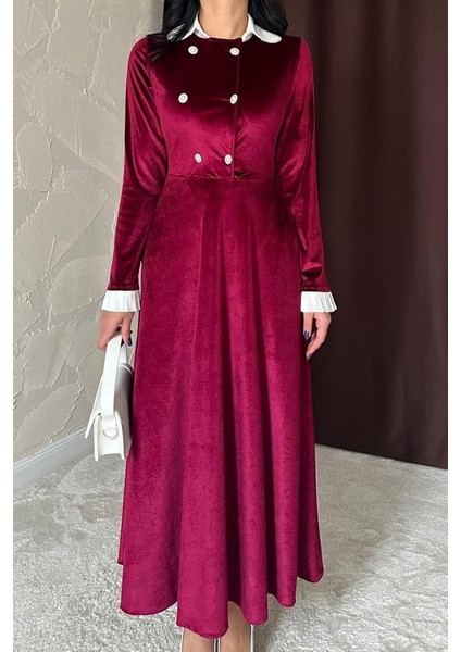 Bordo Yakası Taşlı Garnili Kadife Elbise fırsatları
