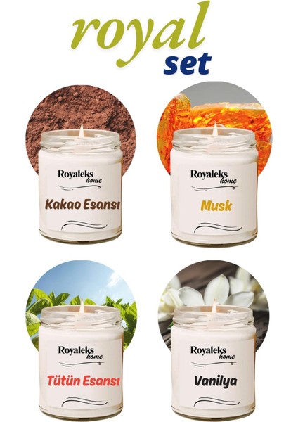 4 Adet Doğal Özel Seri Kokulu Dekoratif Kavanoz Mum 4 x 210 cc - Royal Set - Ryl