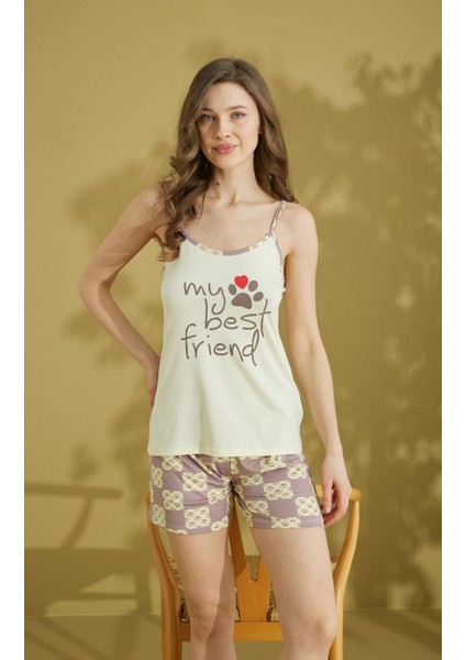 Kadın Desenli Bisiklet Yaka Düğmesiz Pamuklu Yazlık Ip Askılı Kol Mini Şortlu Pijama Takımı