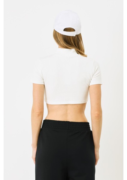 Kadın Kısa Kol Dik Yaka Crop Fitilli Bluz 922 Ekru