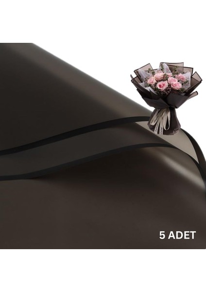 Siyah Kenarlı Siyah Çiçek Ambalaj Kağıdı 5li, Su Geçirmez Mat Şeffaf Buket Sargı Kağıdı, 58 x 58 cm