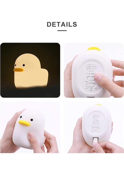 LED Ördek Gece Lambası, Silikon Kreş Gece Lambası, USB Şarj Edilebilir Sevimli Hayvan Başucu Lambası, Dokunmatik Kontrollü ve Yatak Odası Ev Dekorasyonu Zamanlayıcı Ayarı (Sıcak Beyaz) (Yurt Dışından)