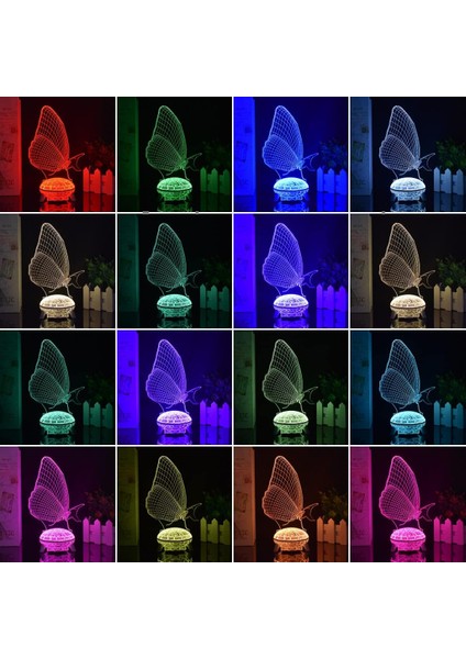 3D Kelebek Gece Işığı Lambası Illusion 7/16 Renk Uzaktan Kumanda + Dokunmatik Masa Lambaları USB Şarjlı Doğum Günü Xmas Hediye Oyuncaklar Kızlar Için Kelebek Lamba (Lav Tabanı) (Yurt Dışından)