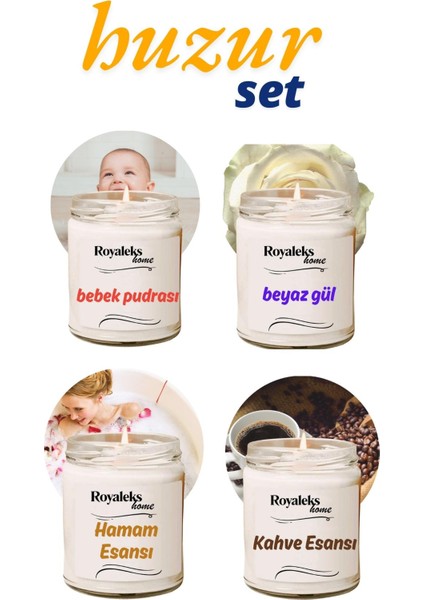 4 Adet Doğal Özel Seri Kokulu Dekoratif Kavanoz Mum 4 x 210 cc - Huzur Seti - Ryl