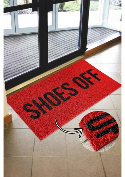 Shoes Off Baskılı Kıvırcık Paspas Kapı Önü Paspası Kaymaz Taban