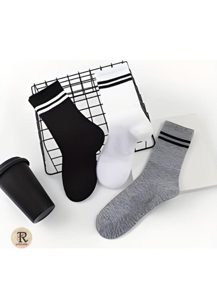 Unisex 6 Çift Çemberli Gri Siyah Beyaz Uzun Kolej Tenis Çorap