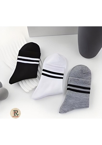 Unisex 6 Çift Çemberli Gri Siyah Beyaz Uzun Kolej Tenis Çorap
