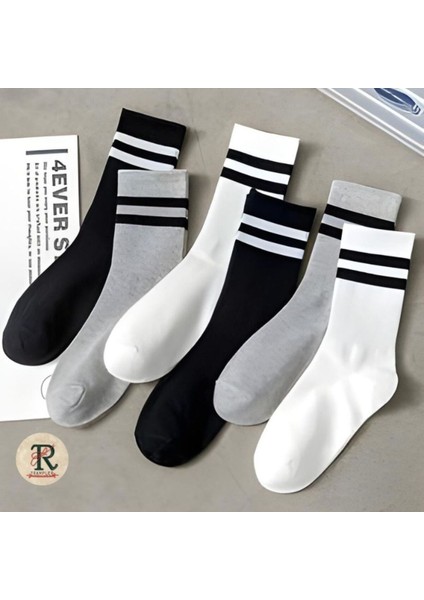 Unisex 6 Çift Çemberli Gri Siyah Beyaz Uzun Kolej Tenis Çorap
