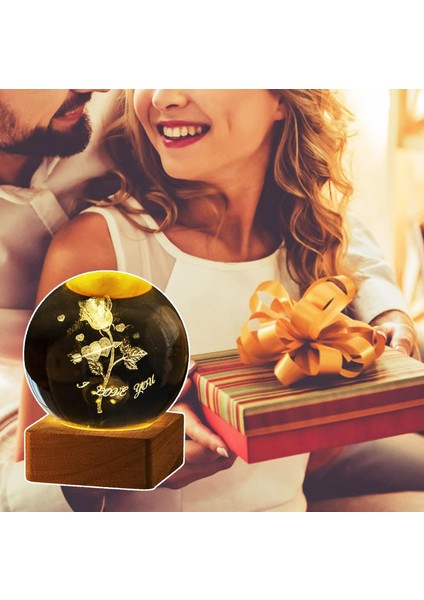 3D Kristal Küre Sevgililer Günü Hediyeleri, Katı Kristal Küre 3D Lazerler Toprak Gülü Takımyıldızı Ahşap Tabanlı Cam Gravürü USB Şarj Edilebilir Ev Dekorasyonu LED Lamba (Gül) (Yurt Dışından)