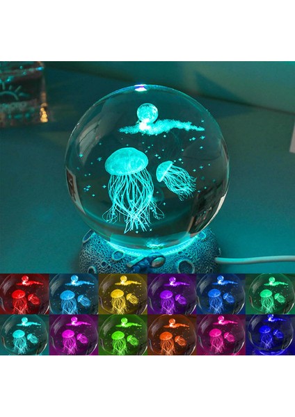 3D Kristal Denizanası Topu Işık, 3.15 Inç K9 Top Lambası, 16 LED Renk Taban, Yatak Odası ve Oturma Odası Dekorasyonu Serin Deniz Hayvanı Masa Lambası, Çocuklar Soğuk Işık Hediyesi (Yurt Dışından)